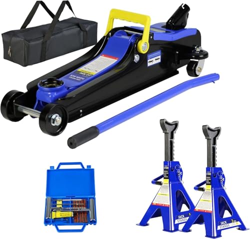 4 Piece Car Truck Floor Jack Service, Floor Jack & Jack Stands & Tire Repair Kit for Garage Automotive Repair Shop DIY, Lift Range 3.3"-15.2", Professional Trolley Jacks 2 Ton/4000 LB Capacity - color: Blue Floor Jack+2 Jack Stands+Tire Repair Kit