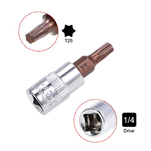 uxcell 3pcs 1/4" Drive x T25 Torx Bit Socket, S2 Steel Bits CR-V Sockets 38mm Length Use with Ratchet Wrench, Slide Bar, Extension Rod - size: T25