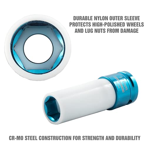 OEMTOOLS 25565 17MM Lug Nut Socket, 1/2" Drive 17 mm Socket for Wheel Service, Non-Marring Sleeve, Thin Wall, CR-MO Steel for Impact Tools, 400 Ft-Lb Max Torque - size: 17mm (1 Piece)
