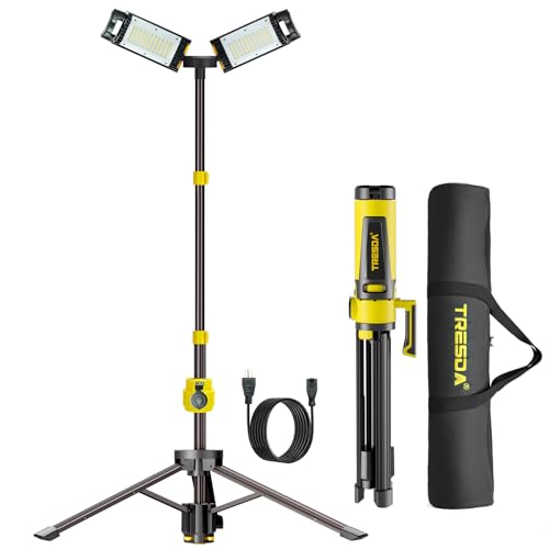 Tresda Dual-Head LED Work Light with Stand, 2025 Pro+ 12000LM Corded or Battery Rechargeable Telescopic Tripod Worklights, Portable Construction Flood Light for Job Site Workshop Garage ﻿