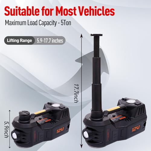 Trihelper Electric Car Jack 5 Ton 12V Floor Jack Hydraulic Jack Stand Car Lift Jack with Integrated Tire Pump for SUV Truck Sedan Vehicle Roadside Emergency Tire Change | Lift Range 5.9-17.7in, Fits Sedan SUV MPV Truck, 150 PSI Gauge, Blue Red Flashing Li