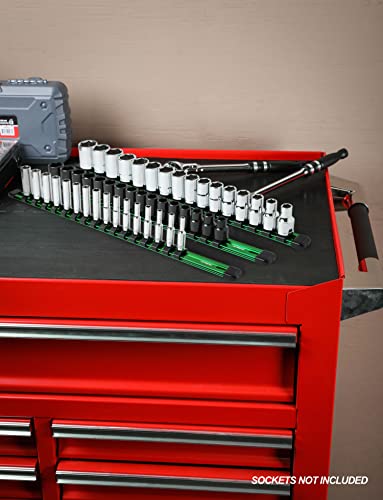 ARES 60045-3-Piece 17-Inch Green Aluminum Socket Rail Set - 1/4-Inch, 3/8-Inch, and 1/2-Inch Drive Socket Organizers Hold 48 Sockets - color: Green, size: Multi-Drive