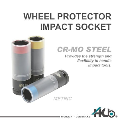 HB Wheel Protector Impact Socket & Dual-Drive Breaker Bar Set KKM001-U | 1/2" & 3/8" DR Flex Head Bar | Thin-Wall Color-Coded CR-MO Sockets 17mm 19mm 21mm with Protective Sleeves | Made in Taiwan - size: 1/2" DR. 17, 19, 21MM