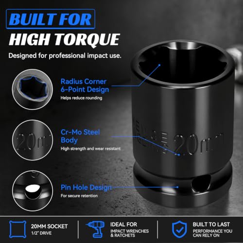 2PCS 20mm Impact Socket 1/2" Drive, 6 Point Metric Shallow Socket, CR-V Steel Heavy Duty Impact Wrench Socket for Automotive Repair - size: 20mm