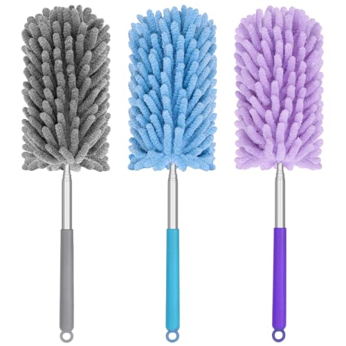 Mini Duster for Cleaning, 360° Bendable Hand Dusters with Extension Pole, Washable Small Duster for Car Interior, Office, Furniture - color: 3 Pack Blue Grey Purple
