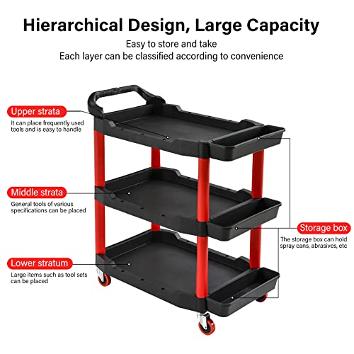 Auto Detailing Cart with Locking Wheels, 440 Lb Heavy Duty 3-Tier Rolling Tool Organizer for Mechanics, with Side Trays, Handle - Garage, Car Wash, Workshop & Warehouse Storage
