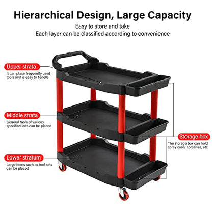 Auto Detailing Cart with Locking Wheels, 440 Lb Heavy Duty 3-Tier Rolling Tool Organizer for Mechanics, with Side Trays, Handle - Garage, Car Wash, Workshop & Warehouse Storage