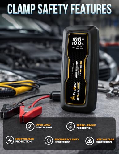EcoNour Battery Jumper Starter Portable 1600A Peak Up to 7L Gas & 5L Diesel Engines 12V Lithium Jump Box with Jumper Cables, USB Charger, LCD Display, LED Flashlight – for Cars, SUVs, Trucks - color: Black