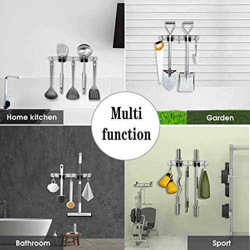 AceMining Broom Holder Wall Mount, 2 Racks 3 Hooks Heavy Duty Mop Organizer | Mop Holder Wall Mount and Broom Hanger for Garage, Laundry Room, Kitchen and Utility Storage - color: 2 Racks & 3 Hooks (Silver) - 1 Pack