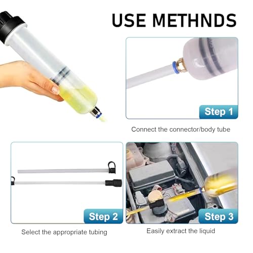 Car Power Steering Fluid Extractor, 200cc Oil Suction Pump, Manual Extraction Oil Syringe with 2 Hoses, Universal for Most Cars (White)