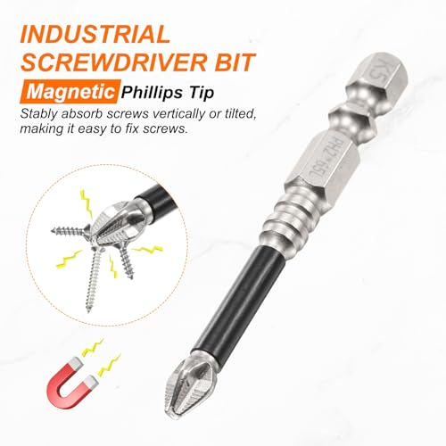 HARFINGTON 6pcs Impact Phillips Screwdriver Bit PH2 (#2) Anti Slip Tip 1/4" Hex Shank 2.56" (65mm) Long Magnetic Cross Screw Driver Industrial Power Drill Bits for Remove Fastening Screws - size: 2.56 inch