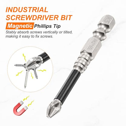 HARFINGTON 6pcs Impact Phillips Screwdriver Bit PH2 (#2) Anti Slip Tip 1/4" Hex Shank 2.56" (65mm) Long Magnetic Cross Screw Driver Industrial Power Drill Bits for Remove Fastening Screws - size: 2.56 inch