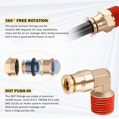 CheeMuii 76 PCS Brass DOT Air Line Fittings with 100FT 1/4" and 50FT 3/8" Blue DOT Air Lines Kit Push Lock Air Line Quick Connect Fittings with Pneumatic Tubing Set - size: 2ROLL-80PCS-BLUE