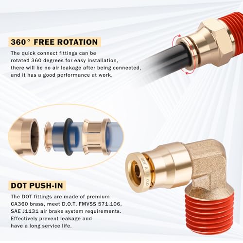 CheeMuii 43 Pcs Brass DOT Air Line Fittings with 50FT 1/4" & 32.8FT 3/8" DOT Air Hose Kit - 1/4, 3/8, 1/2 Push to Connect NPT Thread & Quick Connect Fittings - size: 45 PCS