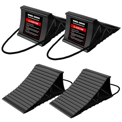 Wheel Chocks for RV Trailer, 4 Pack Non Slip Wheel Chocks for Travel Trailers with Rope for Easy Removal, Lightweight Plastic Wheel Stoppers Block for Camper Cars Trucks - color: Black
