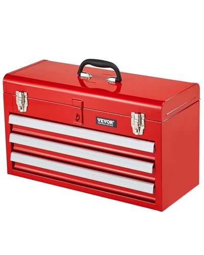 VEVOR Metal Tool Box, 20.5-inch, Portable Metal Tool Box with 3 Drawers, Small Tool Chest with EVA Liners, Ball Bearing Slide Drawers Locking & Powder Coated Finish, Multi-Function Tool Organizer, Red - size: 3 Drawers-Red