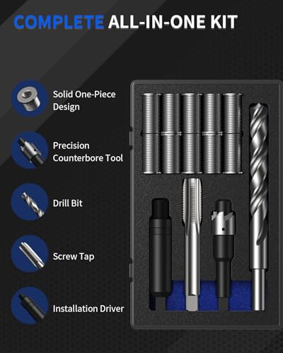 M11x1.25 Metric Thread Repair Kit, with HSS Drill, HSS Tap, Counterbore, Installation Driver, M11x1.25MM 10 pcs 304 Stainless Steel Inserts (28.2mm Length) - size: M11 X 1.25