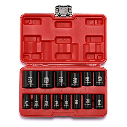 MIXPOWER 14 Pieces 1/2-Inch Drive Shallow Impact Socket Set, 11-32mm, CR-V, Metric, 6 Point, Shallow, 14 Pieces 1/2" Dr. Shallow Socket - size: 11.0 mm - 32.0 mm (Shallow, 14PCS)