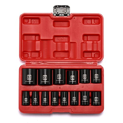 MIXPOWER 14 Pieces 1/2-Inch Drive Shallow Impact Socket Set, 11-32mm, CR-V, Metric, 6 Point, Shallow, 14 Pieces 1/2" Dr. Shallow Socket - size: 11.0 mm - 32.0 mm (Shallow, 14PCS)