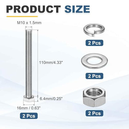 MECCANIXITY M10 x 110mm 304 Stainless Steel Hex Head Screws Bolts, Nuts, Flat & Lock Washers Assortment Kit, Fully Threaded, Bright Finish for Home, Electronic, Machine, 2 Sets - size: M10 x 110mm