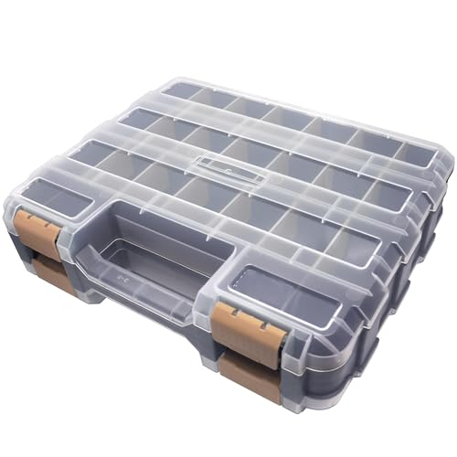 Double Side Tool Box Organizer, Hardware Storage Box, Portable Small Parts Organizer with Removable Plastic Dividers for Screws, Nuts, Nails, Bolts, Grey - color: Grey