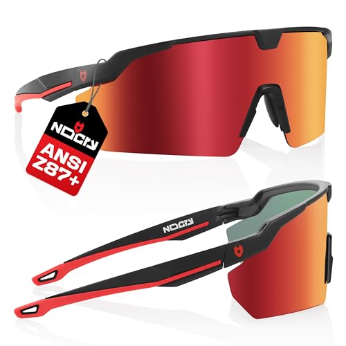 NoCry ANSI Z87 Sunglasses For Men or Women with Anti-Scratch and 100% UV Protection — High Contrast Lens Tinted Safety Glasses for Men — Perfect Z87 Safety Glasses or Safety Sunglasses - color: Black & Red (Mirrored)