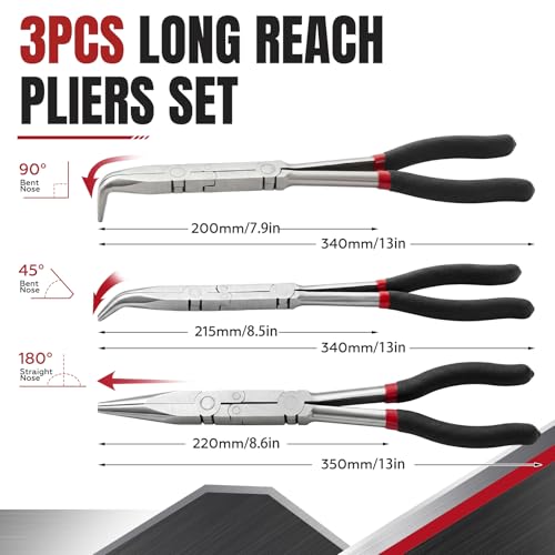 3 Pack 13 Inch Long Reach Needle Nose Pliers Set, Double Rivet with Straight 45° 90° Bent Tips for Automotive Hose Removal, Engine Repair and Tight Spaces