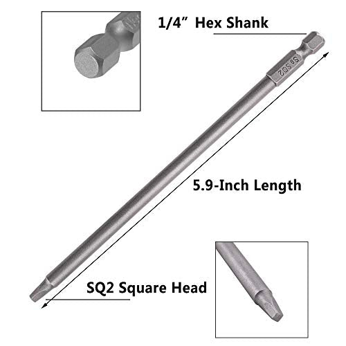 Yakamoz 10pcs 1/4-Inch Shank Long Magnetic Square Head Screwdriver Bit Set SQ2 Square Driver Bits Power Tools 5.9 Inch Length (Pack of 2) - size: SQ2 (Pack of 2)