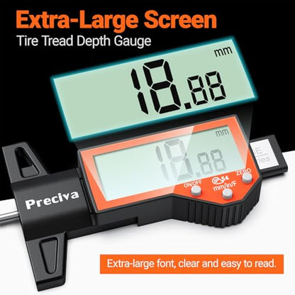 Preciva Tire Tread Depth Gauge, Digital Tire Depth Gauge with Large LCD Display and Inches, Millimeters, Fraction Conversion, Tread Depth Gauge Suitable for Thread Depth, Brake Shoe and Pad Wear - color: Orange