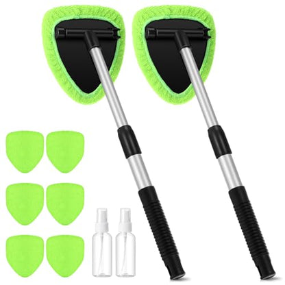 Baderke 10 Pcs Windshield Cleaner Tool Car Window Cleaning Supplies with Extendable Handle Include 6 Washable Microfiber Bonnets 2 Empty 60ml Spray Bottle Glass Wiper Kit (Green) - color: Green