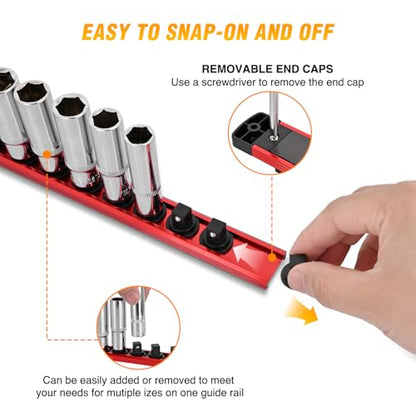 GOOACC Magnetic Socket Organizer 3/8 Inch Socket Holder with 14 360° Swivel Clips Heavy Duty Aluminum Socket Rail Organizer for Tool Box Drawer, Red 1 Piece 3/8" Drive Magnetic Socket Rails Holders - size: Rail Magnetic 1PC 3/8" Red