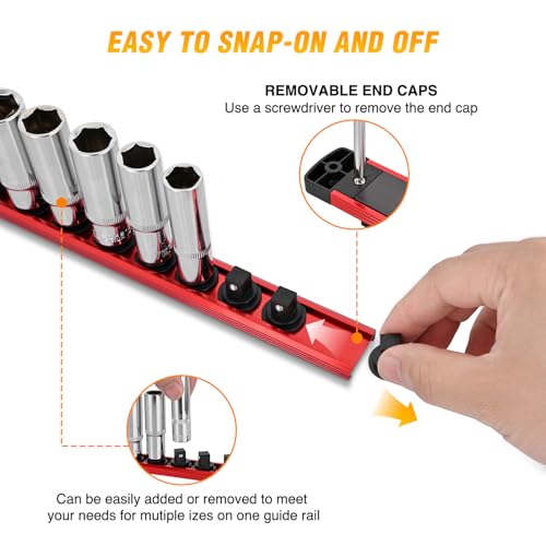 GOOACC Magnetic Socket Organizer 3/8 Inch Socket Holder with 14 360° Swivel Clips Heavy Duty Aluminum Socket Rail Organizer for Tool Box Drawer, Red 1 Piece 3/8" Drive Magnetic Socket Rails Holders - size: Rail Magnetic 1PC 3/8" Red