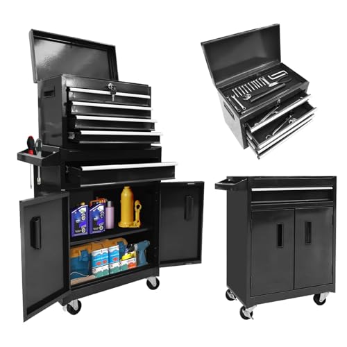 Torin 5-Drawer Rolling Tool Chest: Metal Tool Box with Wheels, Removable Top Tool Box, Liner, Adjustable Shelf and Locking Mechanism for Garage Workshop,Black - style: Metal Tool Box/Black