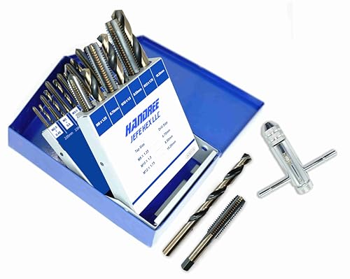 JEFE HEX 18pcs Metric Drill and Tap Set with 1 Piece T-Handle Ratchet Tap Wrench, Tap Range M2.5 * 0.45—M12*1.75, Black and Gold Premium HSS Jobber Length Drill Bits and Hand Plug Taps with Metal Box - size: 18PCS Metric