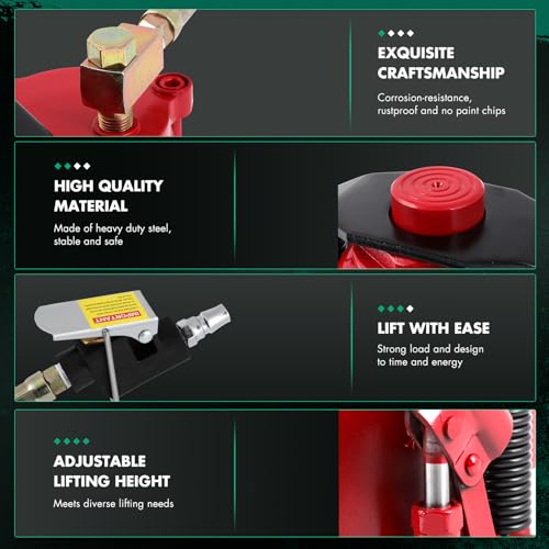 Pneumatic Air Hydraulic Bottle Jack with Manual Hand Pump 30 Ton (66 000 LBS) for Heavy Duty Auto Truck Travel Trailer Repair Lift Red Ideal for Car, Pickup, SUV, Industrial Engineering