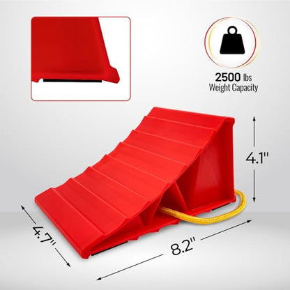 HOXWELL 2 Pair Wheel Chocks for Travel Trailers, Non Slip Heavy Duty Red Wheel Chock with Rope, Lightweight Wheel Stoppers for Cars Campers Trucks RVs, Easy to Carry & Suitable for Most Tyre Sizes - size: Red-2 Pairs