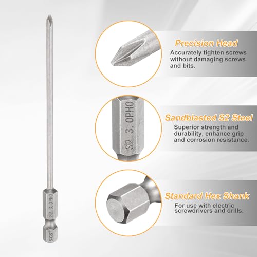 HARFINGTON 4pcs #0 Phillips Screwdriver Bit PH0 1/4" Hex Shank 4.3" (110mm) Long 0.12" Rod Magnetic Cross Head Drill Bits S2 Steel Industrial Screw Driver Bit for Electric Power Tools, Gray - size: PH0 x 4.3" x 0.12"