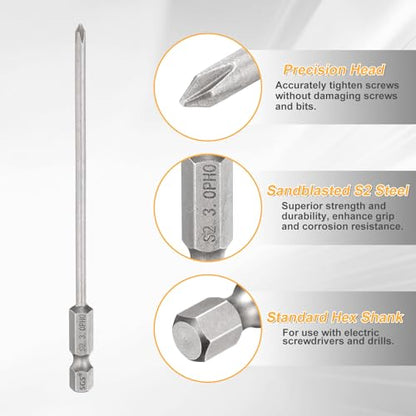 HARFINGTON 4pcs #0 Phillips Screwdriver Bit PH0 1/4" Hex Shank 4.3" (110mm) Long 0.12" Rod Magnetic Cross Head Drill Bits S2 Steel Industrial Screw Driver Bit for Electric Power Tools, Gray - size: PH0 x 4.3" x 0.12"