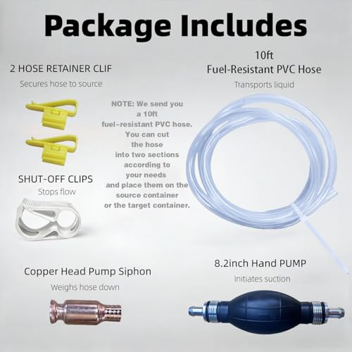 Hand Siphon Pump - Fuel Transfer Pump, Portable Gasoline Transfer Pump with 10 Ft PVC Hoses, Gas Siphon Pump for Water, Diesel, Petrol, Liquid, for Car, Boat, Lawn Mower