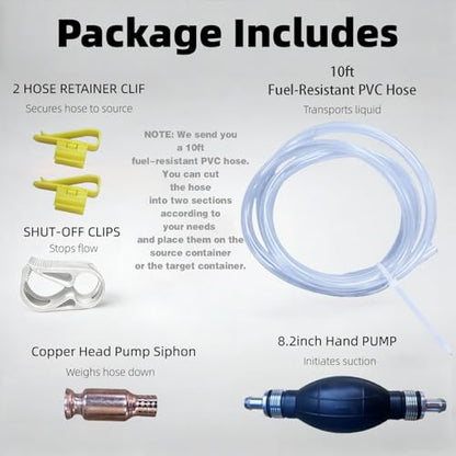 Hand Siphon Pump - Fuel Transfer Pump, Portable Gasoline Transfer Pump with 10 Ft PVC Hoses, Gas Siphon Pump for Water, Diesel, Petrol, Liquid, for Car, Boat, Lawn Mower