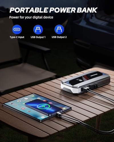 AUTOONE Car Jump Starter 6000A Battery Booster, Portable Battery Pack for All Gas 10L Diesel, 12V Jump Box with Smart Jumper Cable for Car Battery, Vehicle Lithium Starter, LCD Display, w/LED Light - size: 6000A-JS1M