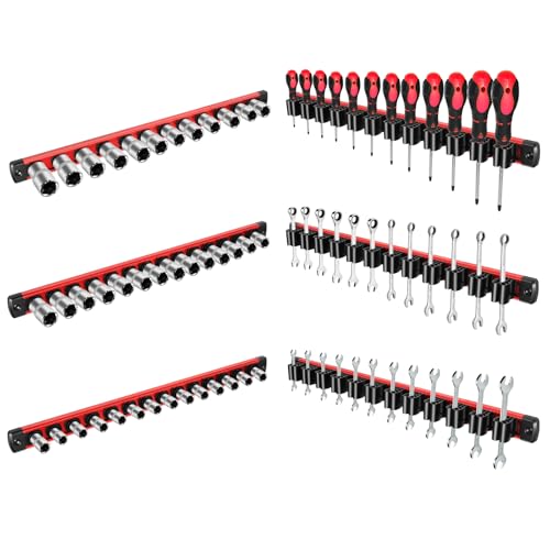 Magnetic Socket Organizer 6-Piece Set with Wrench and Screwdriver Holder | 1/4" 3/8" 1/2" Drive Socket Tray for Toolbox, 36-Slot Hand Tool Storage Rack Blue | Gifts for Men Mechanics (Tools Excluded) - color: Red