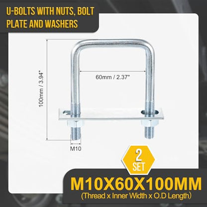 DTGN M10x60x100mm U Bolts Square Kit - 2Set - Carbon Steel U-Bolt Kit with Nuts, Washers, Frame Plate - Good for Pipe, Trailer, Automotive, Leaf Spring Fastener - size: M10x60x100mm
