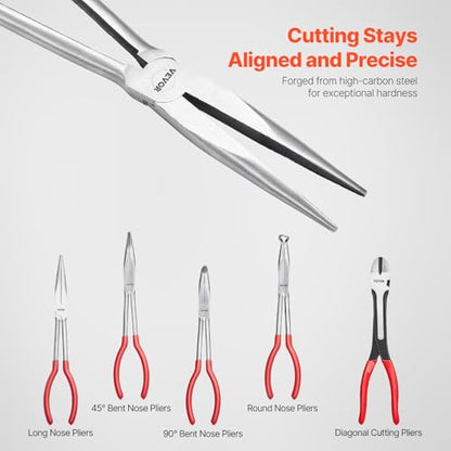 VEVOR 5-Piece Needle Nose Pliers, 11 in Long Needle Nose Pliers Set, Diagonal Cutting Pliers, 45°/ 90° Bent Nose Plier, Round Nose Plier, Long Nose Plier, Professional Pliers Set with Storage Bag
