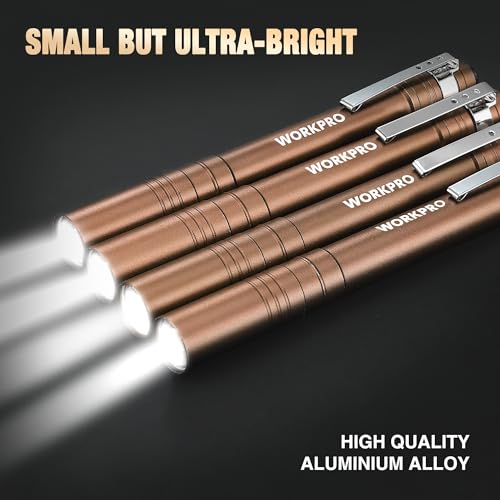 WORKPRO LED Pen Light, Aluminum Pen Flashlights, Pocket Flashlight with Clip for Inspection, Emergency, Everyday, 2AAA Batteries Include, Brown(4-Pack) - color: Brown