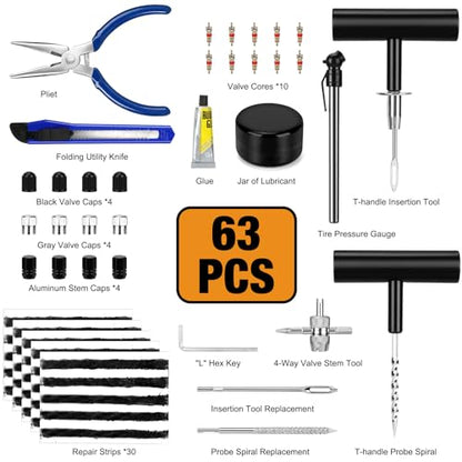 63PCS Flat Tire Repair Kit, Tubeless Tire Repair Kit, Tire Plug Kit Heavy Duty Professional, Emergency Tire Fix Tool for Car, Motorcycle, ATV, Tractor, RV, Truck