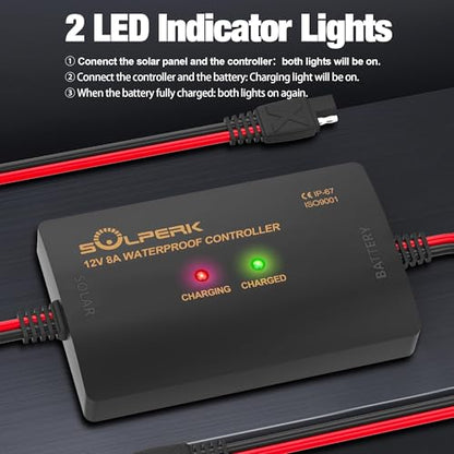 SOLPERK 8A 12V Solar Charge Controller with LED Display, IP67 Waterproof PWM Intelligent Solar Panel Battery Regulator for Gel AGM Lead-Acid Lithium LiFePO4 Battery, Used in RV Boat Car