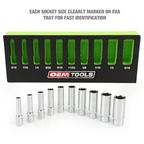 OEMTOOLS 23985 10 Piece 1/4" Drive Deep Socket Set, SAE Sizes 3/16"-9/16", Rust-Resistant 1/4 Drive Socket Set, EVA Storage Tray, Heat-Treated Alloy Steel Sockets - style: 1/4" SAE