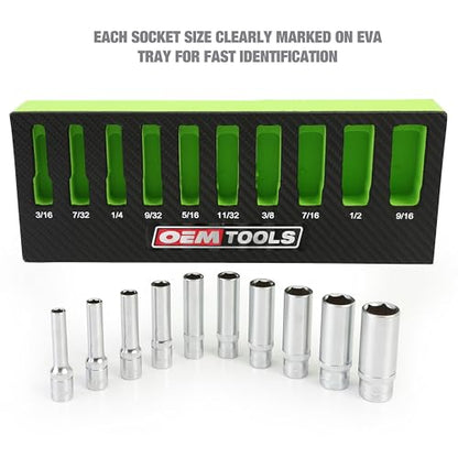 OEMTOOLS 23985 10 Piece 1/4" Drive Deep Socket Set, SAE Sizes 3/16"-9/16", Rust-Resistant 1/4 Drive Socket Set, EVA Storage Tray, Heat-Treated Alloy Steel Sockets - style: 1/4" SAE