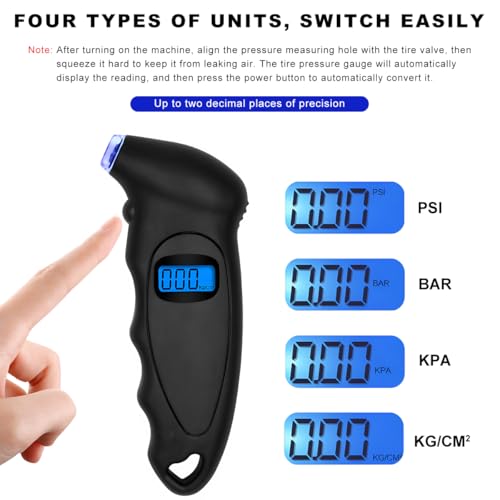 Digital Tire Pressure Gauge, 150PSI 4 Settings High Accuracy Tire Gauge with Backlit LCD and Non-Slip Grip, Easy to Read Air Pressure Gauge for Cars, Trucks and Bicycles (Black) - color: Black
